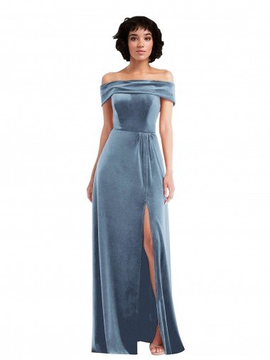Affordable Draped Cuff Off the Shoulder Velvet Maxi Bridesmaid Dress / Prom Dress with Pockets