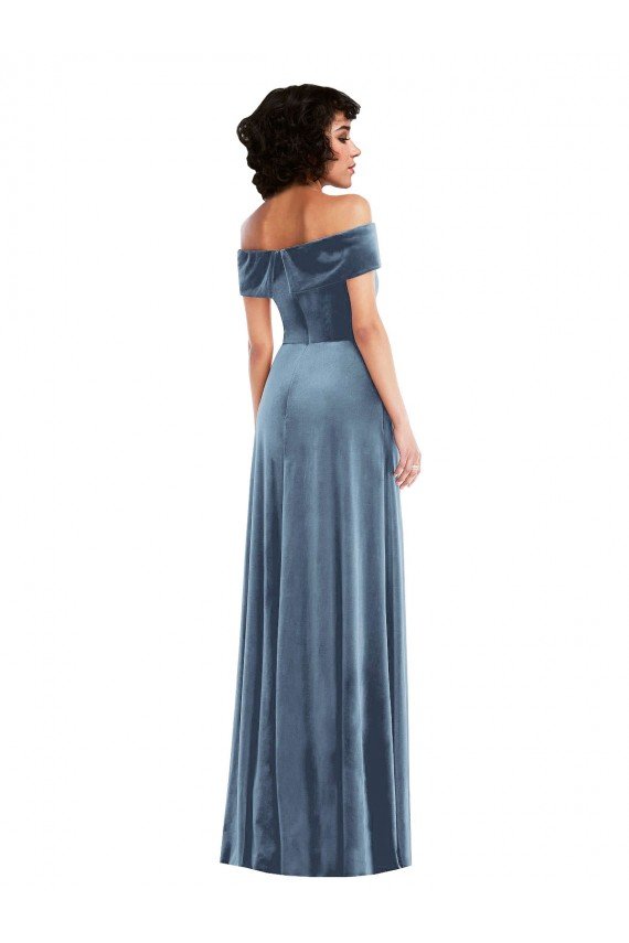 Affordable Draped Cuff Off the Shoulder Velvet Maxi Bridesmaid Dress / Prom Dress with Pockets