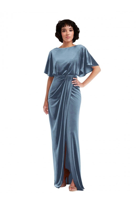 Affordable Flutter Sleeve Open Back Velvet Maxi Bridesmaid Dress / Prom Dress with Pockets & Draped Wrap Skirt Pockets