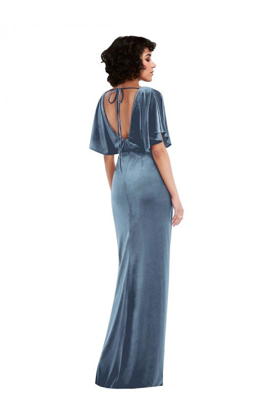 Affordable Flutter Sleeve Open Back Velvet Maxi Bridesmaid Dress / Prom Dress with Pockets & Draped Wrap Skirt Pockets