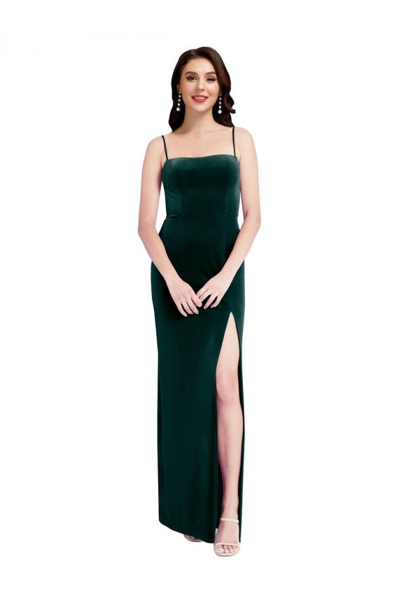 Affordable Straight Neckline Spaghetti Straps Long Velvet Bridesmaid Dress / Prom Dress with High Side Slit