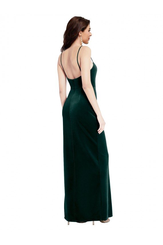 Affordable Straight Neckline Spaghetti Straps Long Velvet Bridesmaid Dress / Prom Dress with High Side Slit