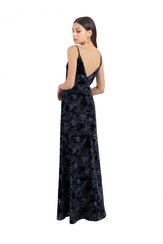 Affordable Floral Velvet Surplice V-Neck Long Bridesmaid Dress with V-Back