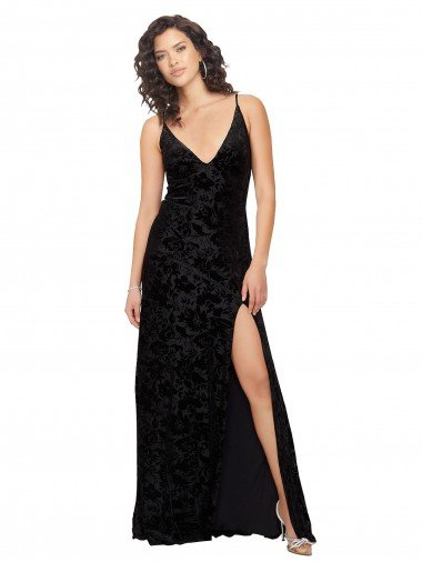 Affordable V-Neck Cowl Back Floral Velvet Bridesmaid Dress with Front Slit and Deep V-Neck