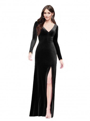Affordable Long Sleeves Formal Velvet Bridesmaid Dress / Prom Dress with V-Neckline and Thigh Slit