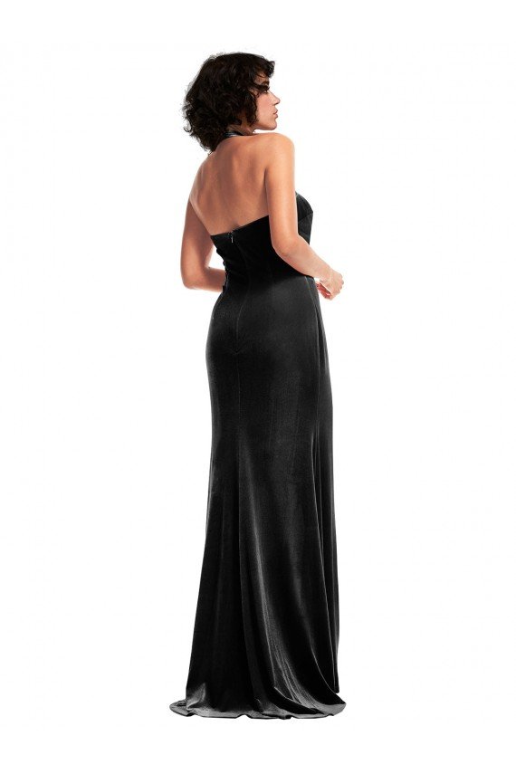 Affordable Empire Waist Formal Stretch Velvet Bridesmaid Dress / Prom Dress with Halter Strap