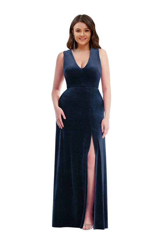 Affordable Deep V-Neck Sleeveless Formal Velvet Maxi Bridesmaid Dress / Prom Dress with Pockets