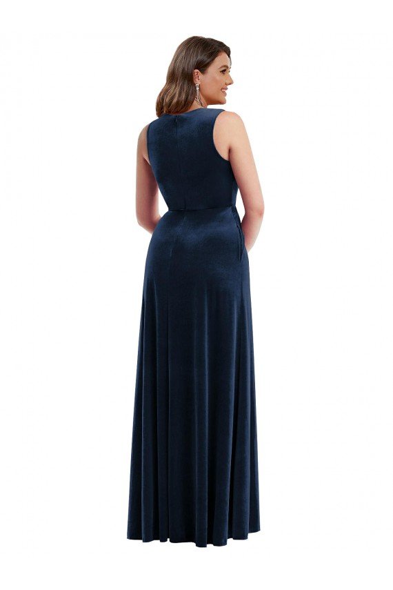 Affordable Deep V-Neck Sleeveless Formal Velvet Maxi Bridesmaid Dress / Prom Dress with Pockets