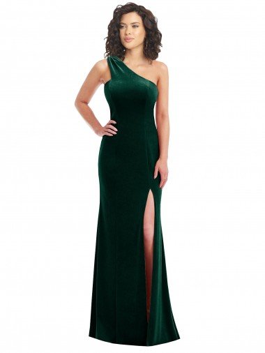 Affordable One Shoulder Velvet Trumpet Bridesmaid Dress / Prom Dress with Front Slit
