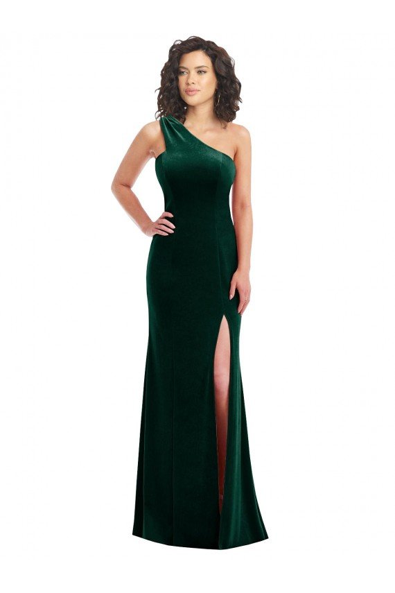Affordable One Shoulder Velvet Trumpet Bridesmaid Dress / Prom Dress with Front Slit