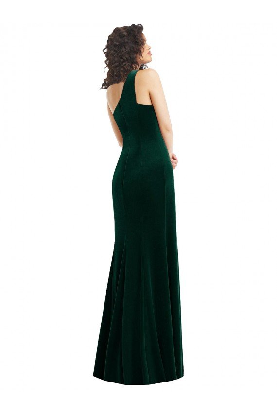 Affordable One Shoulder Velvet Trumpet Bridesmaid Dress / Prom Dress with Front Slit