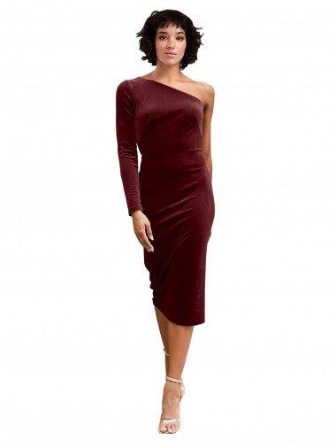 Affordable One Shoulder Fitted Short Midi Length Velvet Bridesmaid Dress / Prom Dress