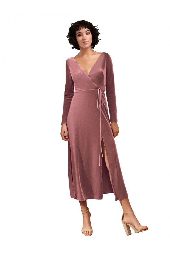 Affordable Long Sleeve Velvet Faux Wrap Midi Length Bridesmaid Dress / Prom Dress