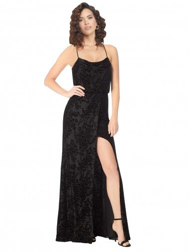 Affordable Floral Velvet Cowl Neck Bridesmaid Dress with Skirt Slit