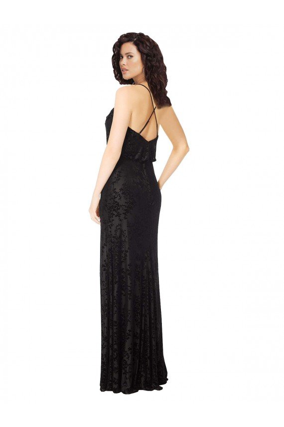 Affordable Floral Velvet Cowl Neck Bridesmaid Dress with Skirt Slit