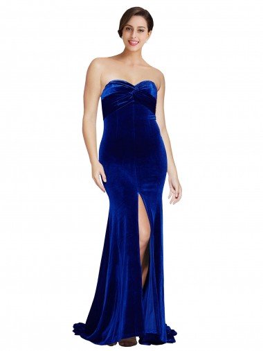 Affordable Strapless Ruched Formal Velvet Bridesmaid Dress / Prom Dress with Sweep Train and Front Slit