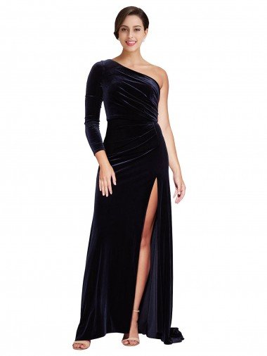 Affordable One Sleeve Long Formal Velvet Bridesmaid Dress / Prom Dress with Thigh High Split