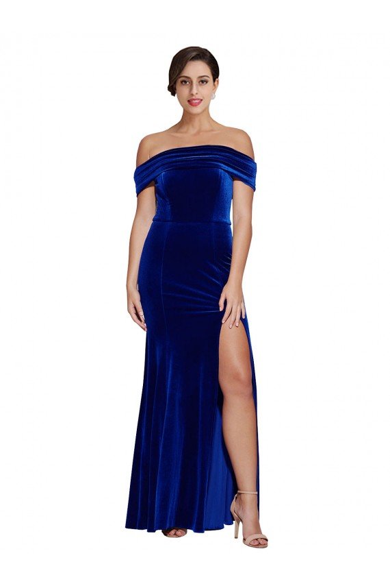 Affordable Full Length Long Formal Velvet Bridesmaid Dress / Prom Dress with Side Split