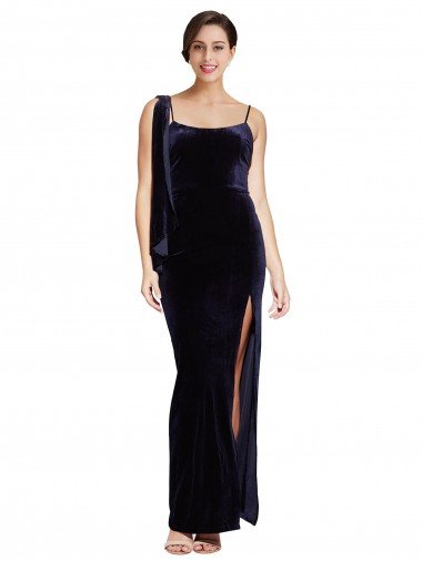 Affordable Long Formal Velvet Bridesmaid Dress / Prom Dress with Side Thigh Split and Shoulder Tie