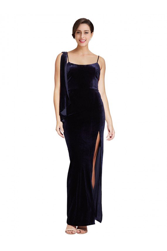 Affordable Long Formal Velvet Bridesmaid Dress / Prom Dress with Side Thigh Split and Shoulder Tie
