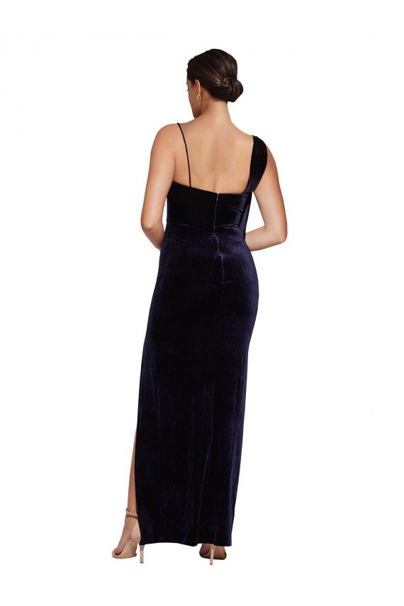 Affordable Long Formal Velvet Bridesmaid Dress / Prom Dress with Side Thigh Split and Shoulder Tie