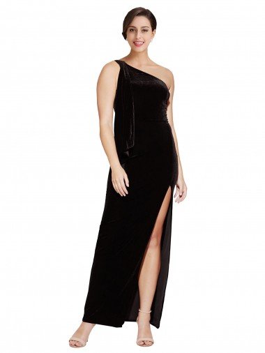 Affordable One Shoulder Long Formal Velvet Bridesmaid Dress / Prom Dress with Side Split and Shoulder Tie