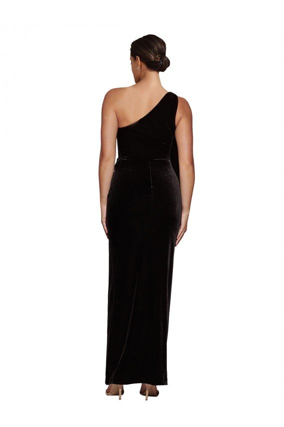 Affordable One Shoulder Long Formal Velvet Bridesmaid Dress / Prom Dress with Side Split and Shoulder Tie