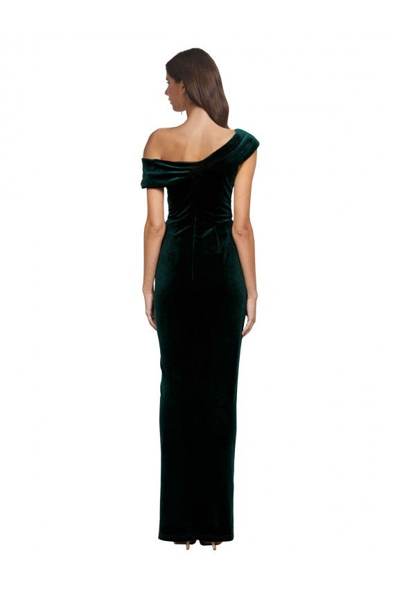 Affordable Long Asymmetric Neckline Ruched Formal Velvet Bridesmaid Dress / Prom Dress