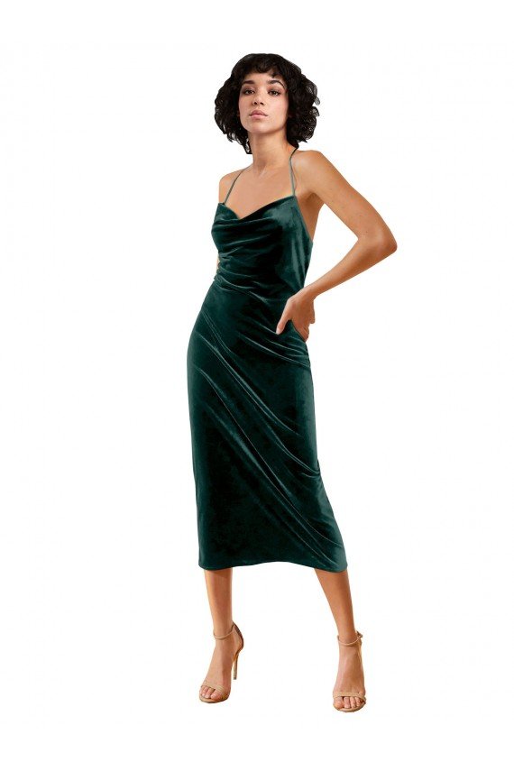 Affordable Midi Cocktail Length Sleek Cowl Neckline Short Formal Velvet Bridesmaid Dress / Prom Dress