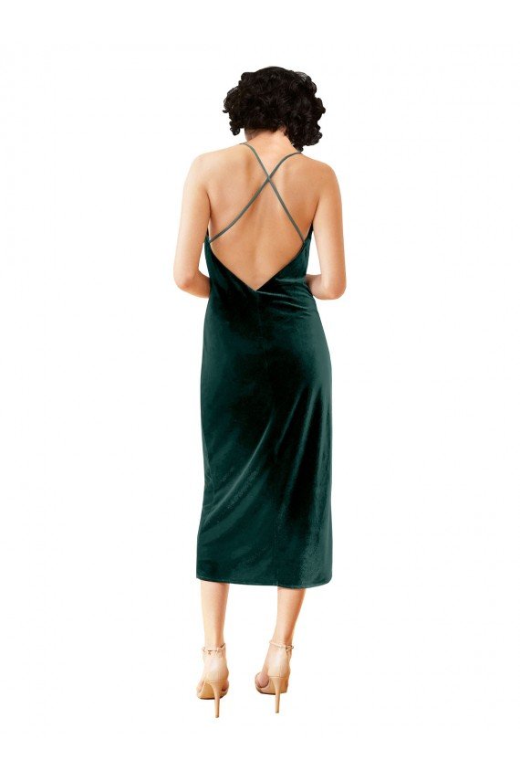 Affordable Midi Cocktail Length Sleek Cowl Neckline Short Formal Velvet Bridesmaid Dress / Prom Dress
