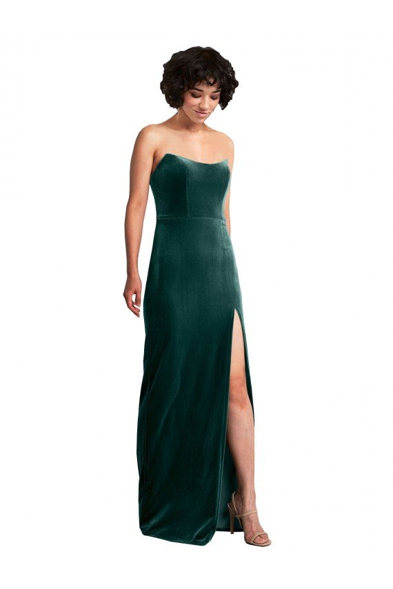 Affordable Scooped Strapless Long Formal Velvet Bridesmaid Dress / Prom Dress with Daring Side Slit